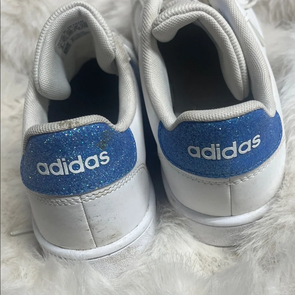 adidas Kids White Sneakers with Blue Glitter Stripes - Picture 2 of 5